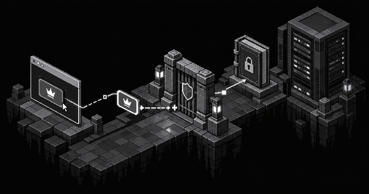 Monochrome pixel art: a browser sends a crown-marked role badge toward a closed authorization gate, with a locked permissions ledger and server behind it.