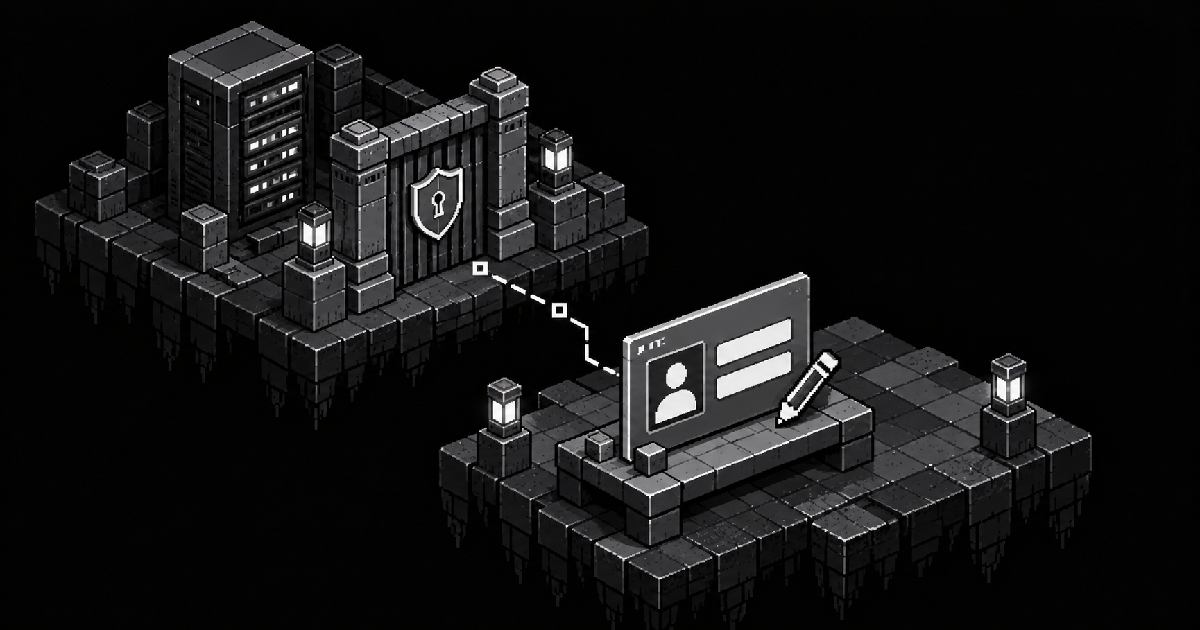 Monochrome pixel art of an editable profile card and pencil on a stone platform, separated from a server behind a closed shield-marked authorization gate.