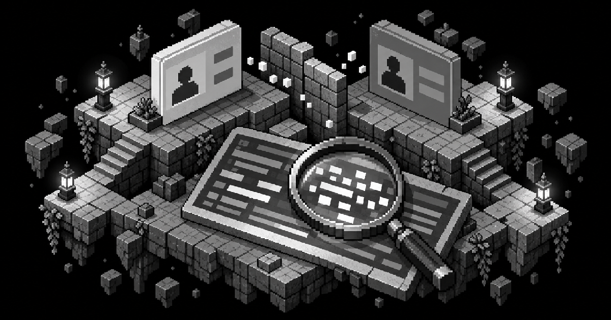 Monochrome pixel art of two account cards separated by a stone boundary, with a magnifying glass examining a response panel in the foreground.