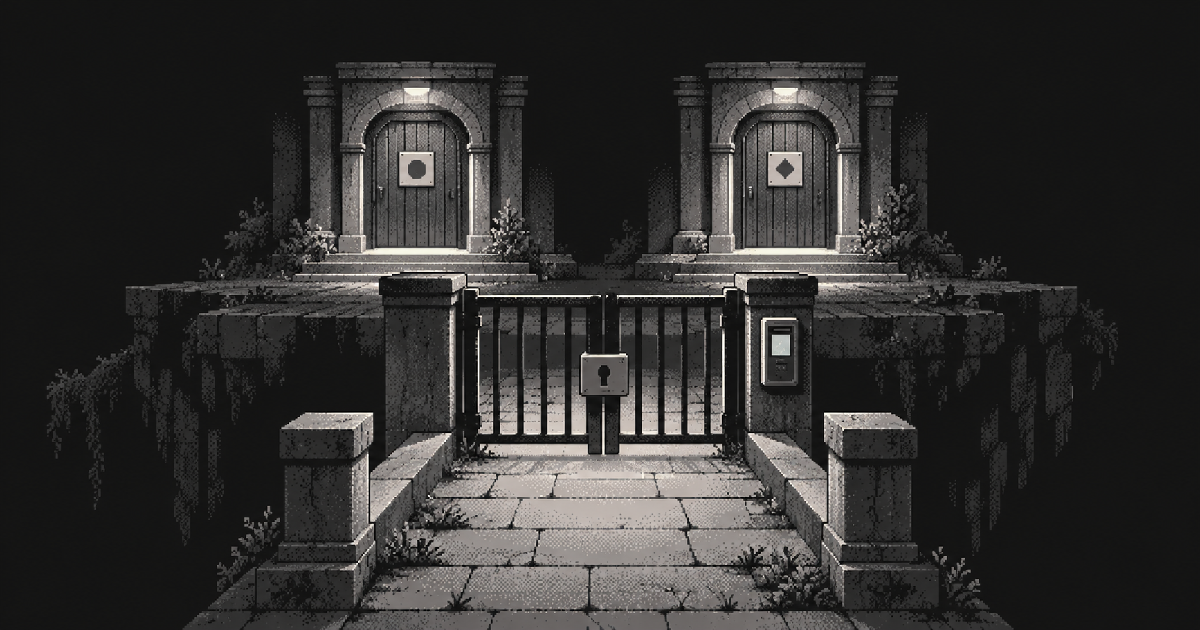 Monochrome pixel art of two differently marked account doors behind a locked authorization checkpoint on a stone bridge.